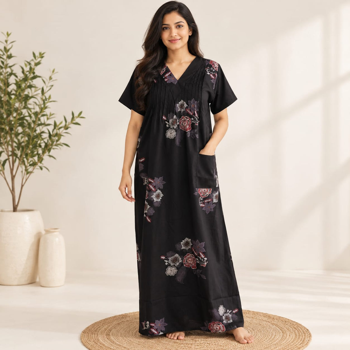 Black Floral Printed V-Neck Alfine Churidar Cut Nighty | Free Size | Chest Width 44″| Length 56″