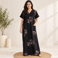 Black Floral Printed V-Neck Alfine Churidar Cut Nighty | Free Size | Chest Width 44″| Length 56″