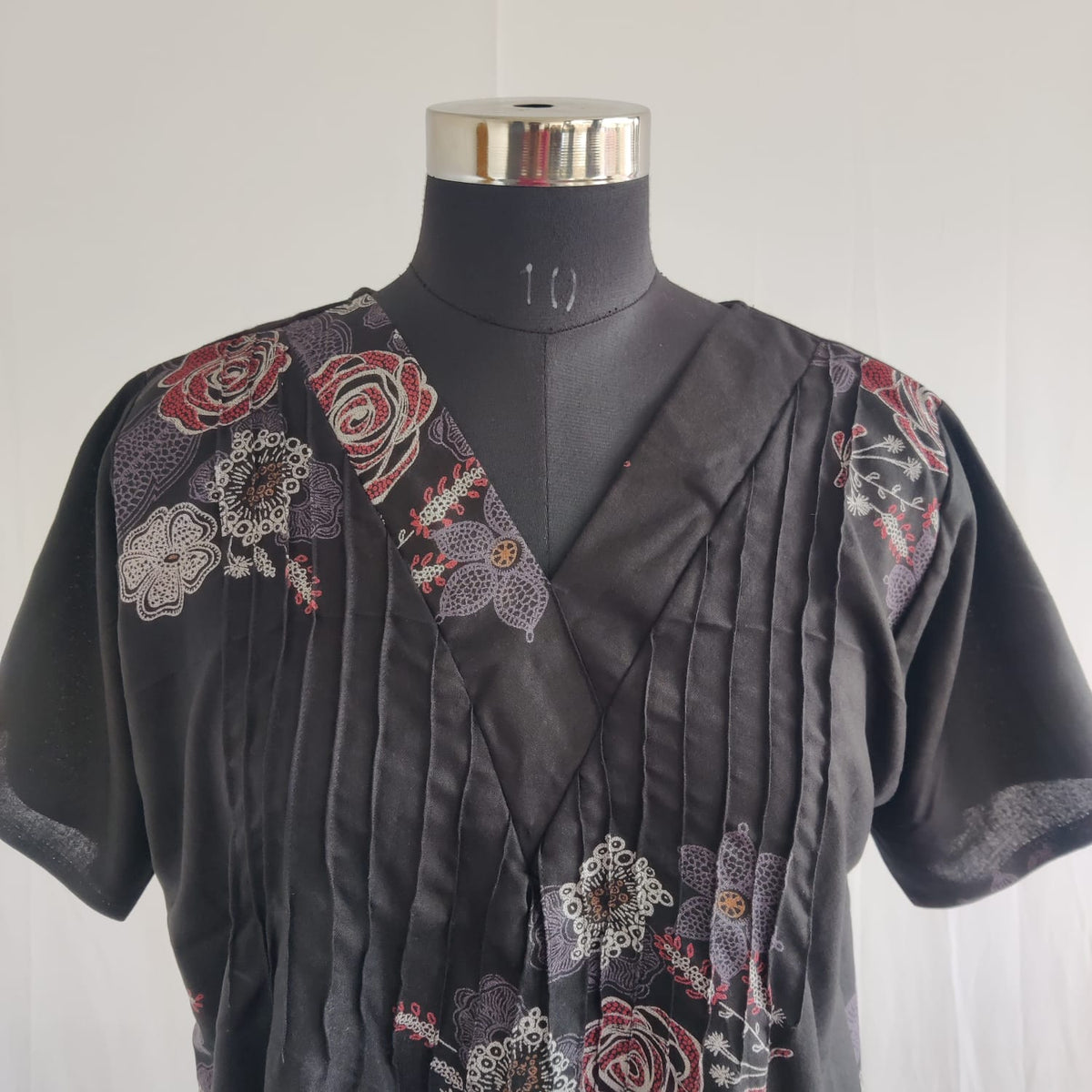 Black Floral Printed V-Neck Alfine Churidar Cut Nighty | Free Size | Chest Width 44″| Length 56″