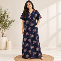 Navy Blue Floral Printed V-Neck Alfine Churidar Cut Nighty | Free Size | Chest Width 44″| Length 56″