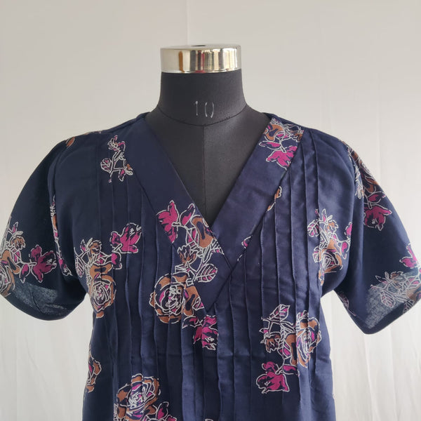 Navy Blue Floral Printed V-Neck Alfine Churidar Cut Nighty | Free Size | Chest Width 44″| Length 56″