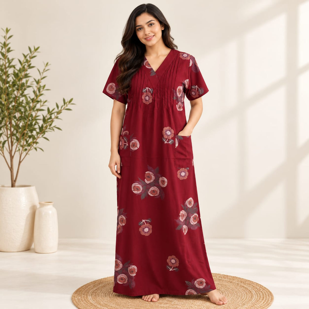 Maroon Floral Printed V-Neck Alfine Churidar Cut Nighty | Free Size | Chest Width 44″| Length 56″