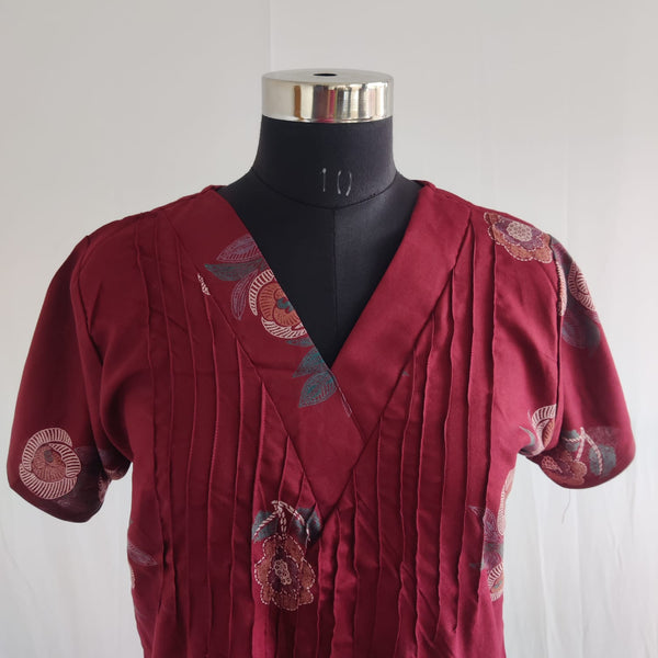 Maroon Floral Printed V-Neck Alfine Churidar Cut Nighty | Free Size | Chest Width 44″| Length 56″