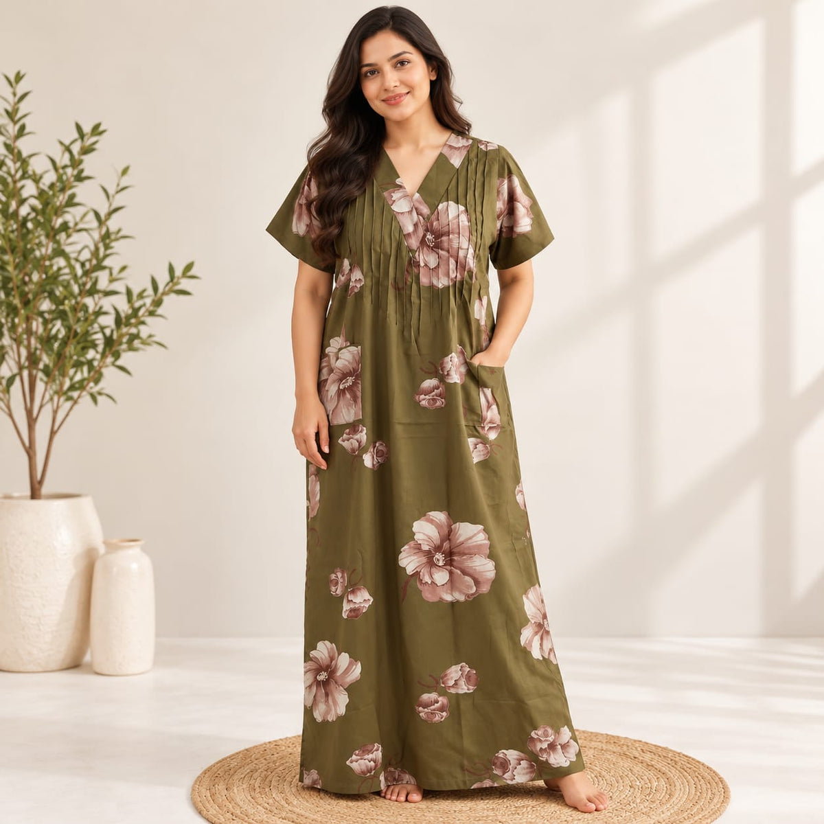 Olive Green Floral Printed V-Neck Alfine Churidar Cut Nighty | Free Size | Chest Width 44″| Length 56″