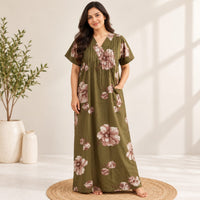 Olive Green Floral Printed V-Neck Alfine Churidar Cut Nighty | Free Size | Chest Width 44″| Length 56″