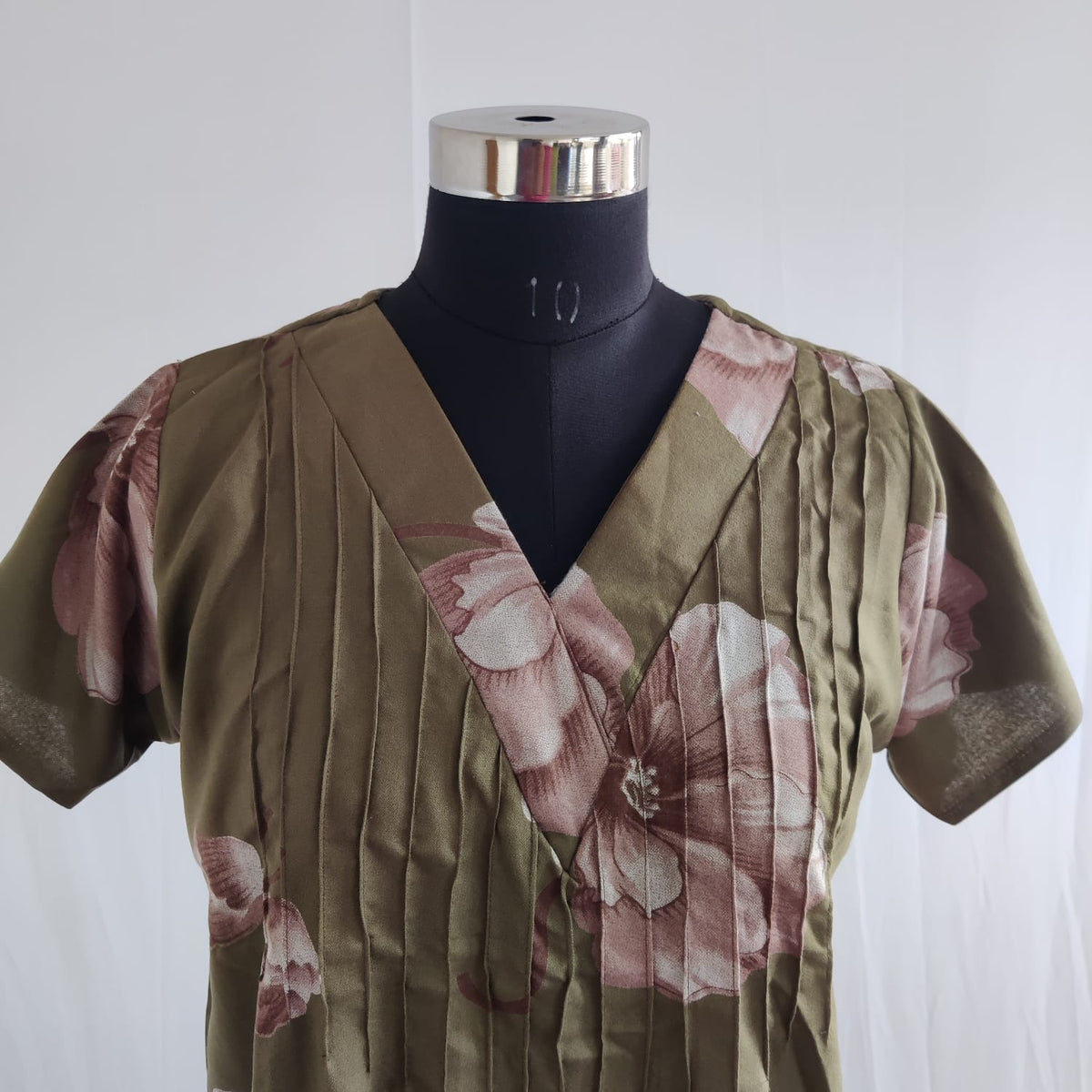 Olive Green Floral Printed V-Neck Alfine Churidar Cut Nighty | Free Size | Chest Width 44″| Length 56″