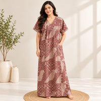 Cream And Maroon Printed V-Neck Alfine Churidar Cut Nighty | Free Size | Chest Width 44″| Length 56″