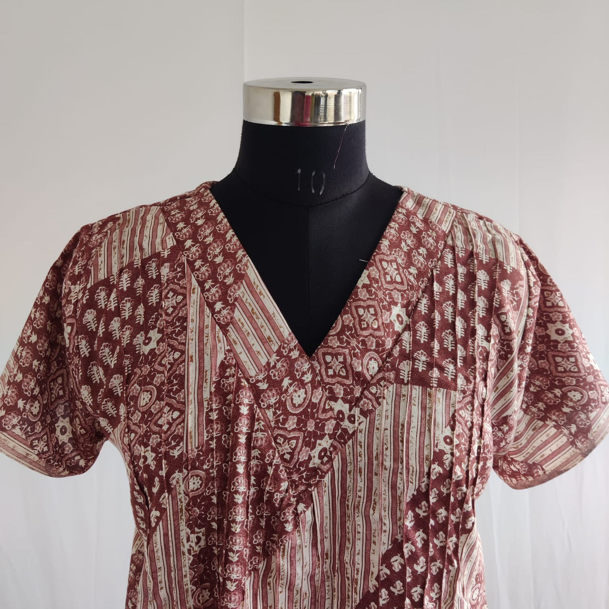 Cream And Maroon Printed V-Neck Alfine Churidar Cut Nighty | Free Size | Chest Width 44″| Length 56″