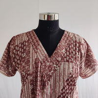 Cream And Maroon Printed V-Neck Alfine Churidar Cut Nighty | Free Size | Chest Width 44″| Length 56″