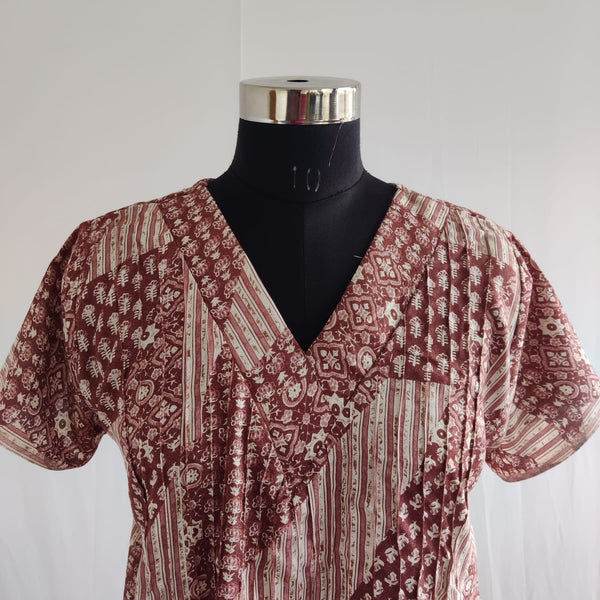 Cream And Maroon Printed V-Neck Alfine Churidar Cut Nighty | Free Size | Chest Width 44″| Length 56″