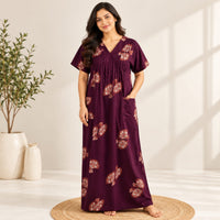 Wine Floral Printed V-Neck Alfine Churidar Cut Nighty | Free Size | Chest Width 44″| Length 56″