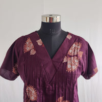 Wine Floral Printed V-Neck Alfine Churidar Cut Nighty | Free Size | Chest Width 44″| Length 56″