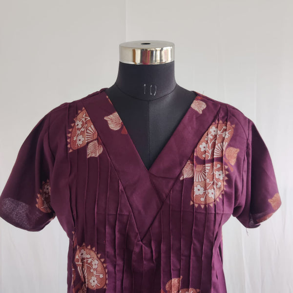 Wine Floral Printed V-Neck Alfine Churidar Cut Nighty | Free Size | Chest Width 44″| Length 56″