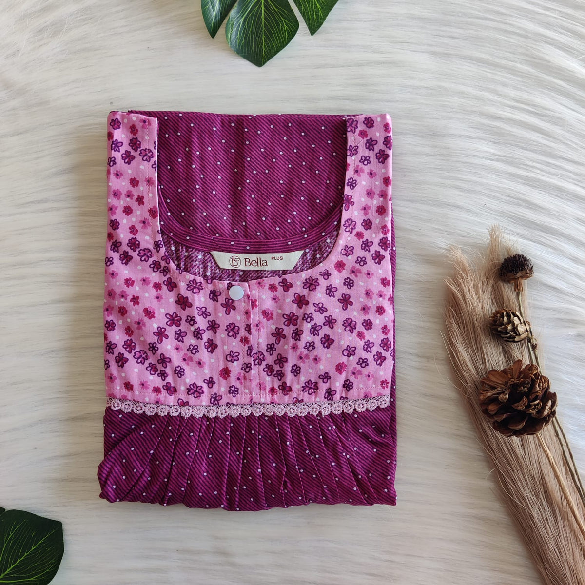 Pale And Dark Purple Printed Premium Cotton Plus Size Lace Nighty | Chest Width 50″| Length 56″