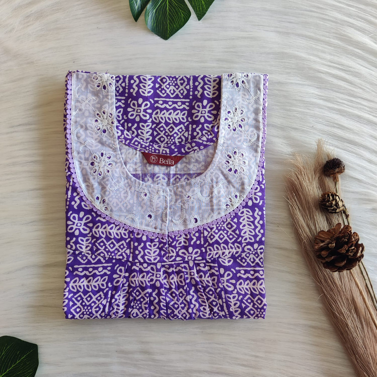 Violet Printed Premium Cotton Hakoba Lace Nighty | Free Size | Chest Width 44″| Length 54″-56″