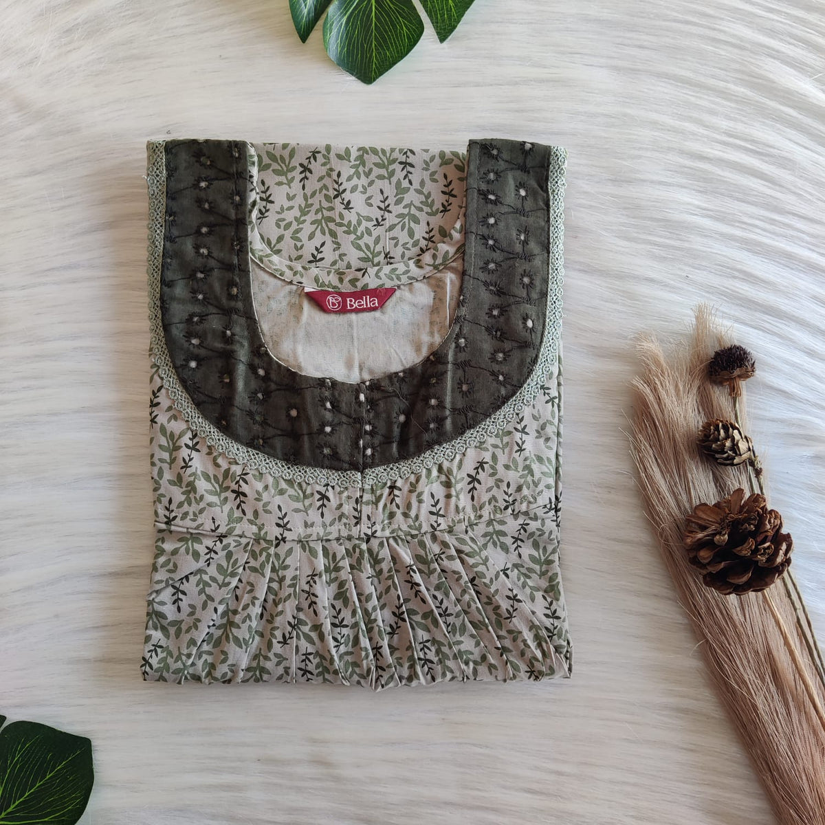 Pastel Green leaf Printed Pure Cotton Hakoba Lace Nighty | Free Size | Chest Width 44″| Length 54″-56″