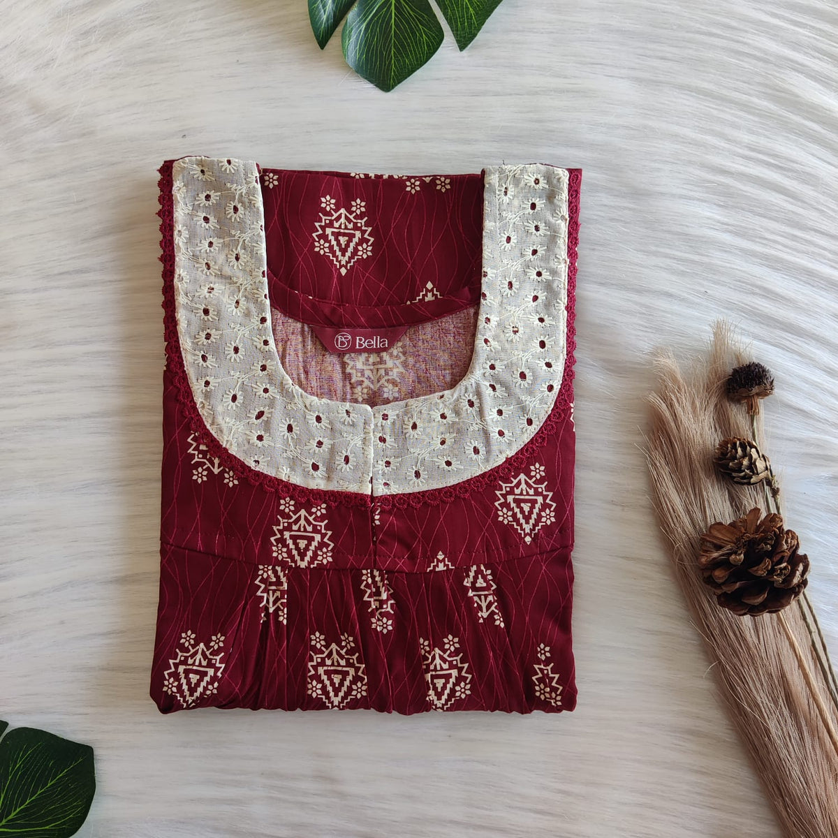 Cream Printed Maroon Gujari Cotton Hakoba Lace Nighty | Free Size | Chest Width 44″| Length 54″-56″