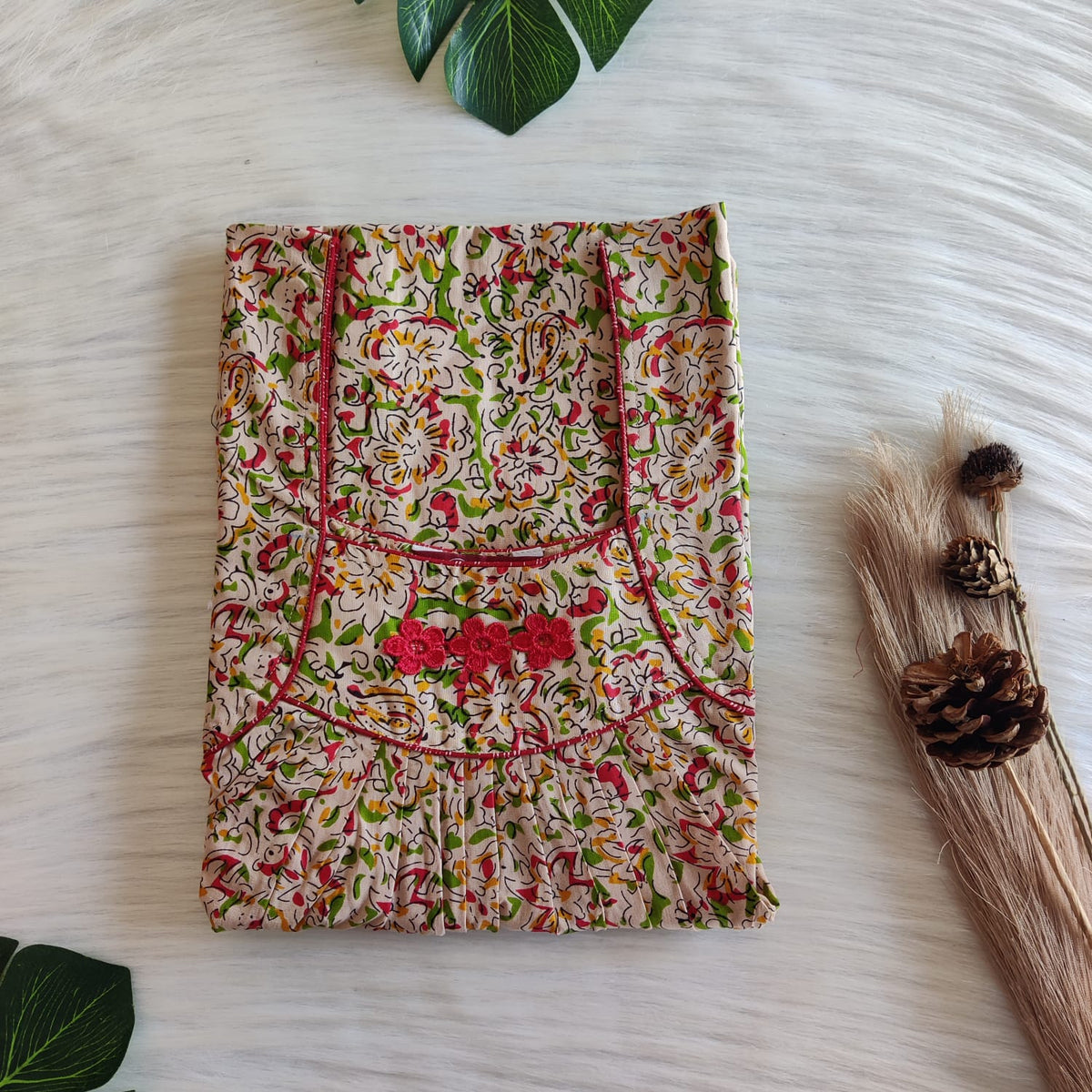 Green Floral Printed Beige Premium Cotton Three Flower Nighty |Free Size | Chest Width 44"| Length 54"-55"