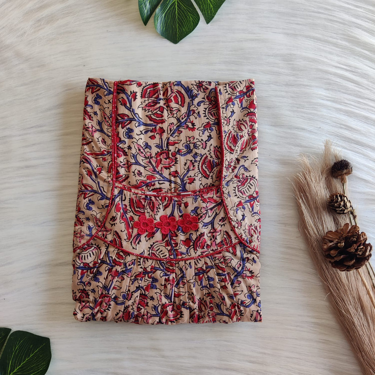 Red Printed Beige Premium Cotton Three Flower Nighty |Free Size | Chest Width 44"| Length 54"-55"