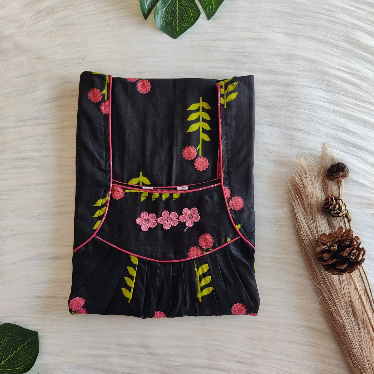 Pink Floral Printed Black Premium Cotton Three Flower Nighty |Free Size | Chest Width 44"| Length 54"-55"
