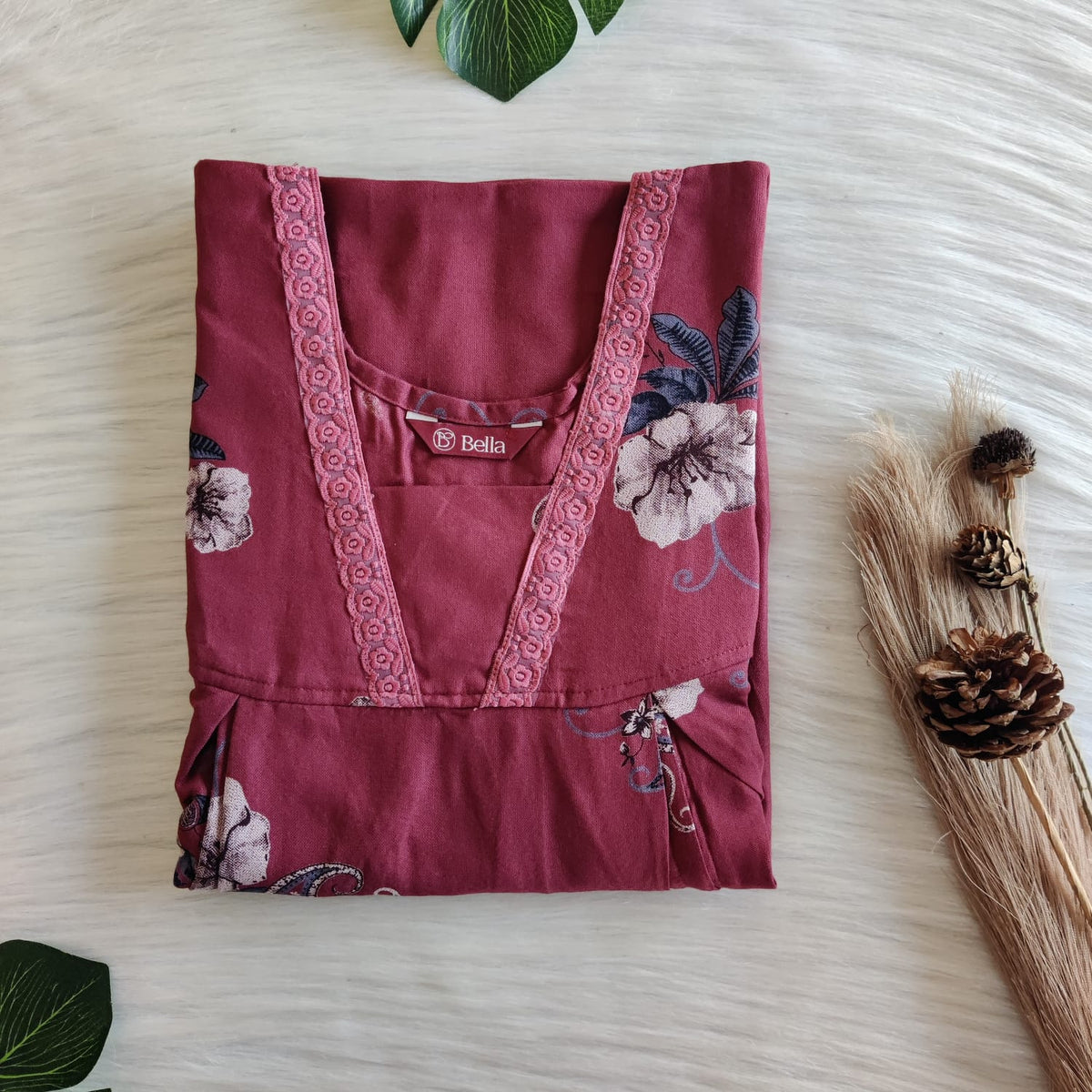 Beetroot Maroon Printed Alfine Two Side Vertical Zip Lace Nighty | Free Size | Chest Width 44″ | Length 56″