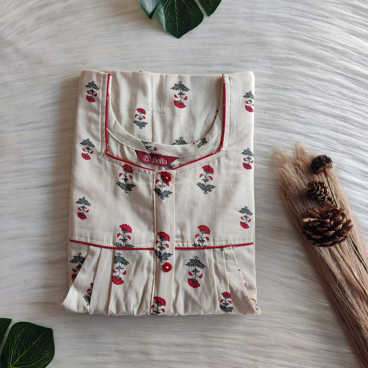 Red Floral Printed Beige Premium Cotton Button Zip Nighty | Free Size | Chest Width 44″| Length 55″-56|