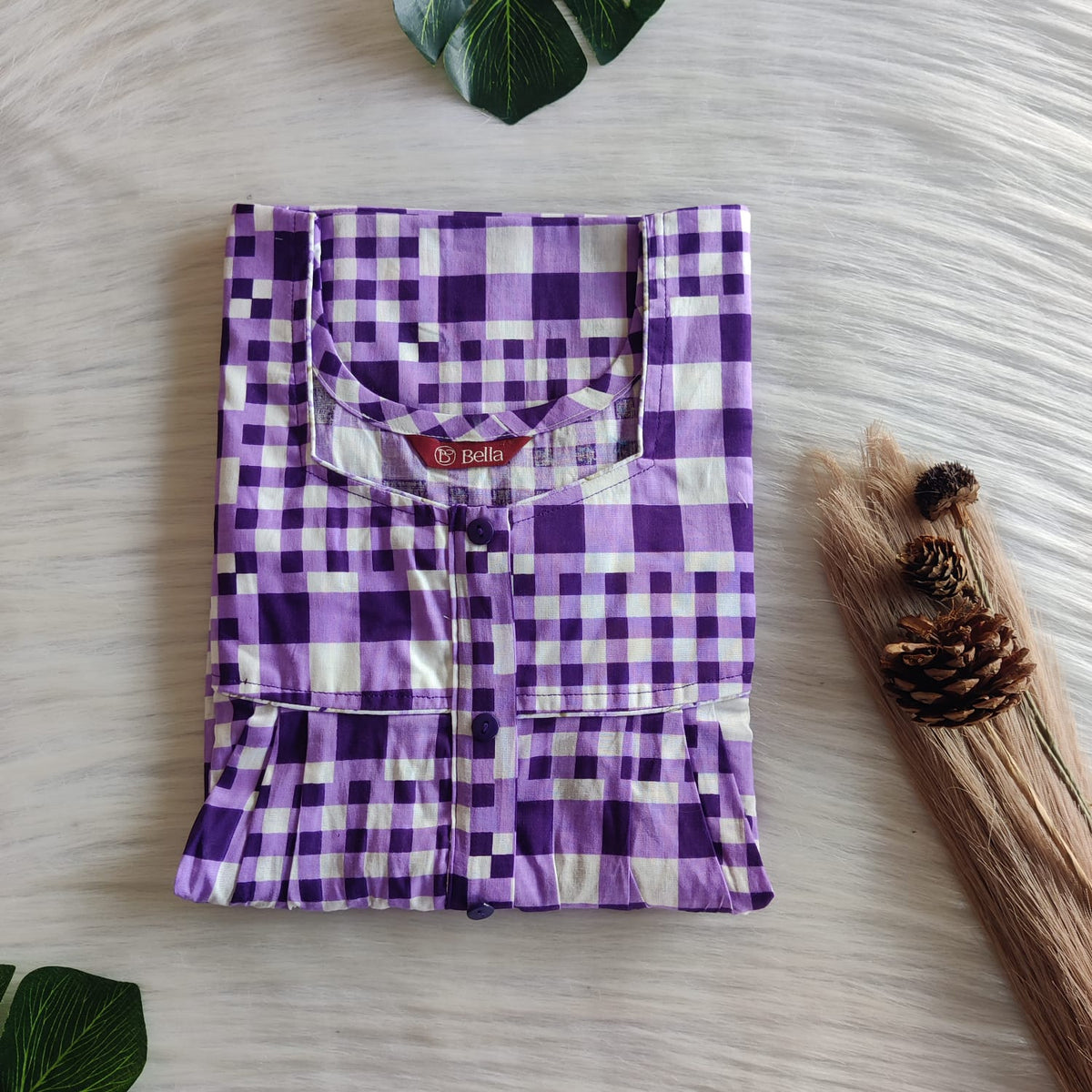 Purple Check Printed Premium Cotton Button Zip Nighty | Free Size | Chest Width 44″| Length 55″-56|