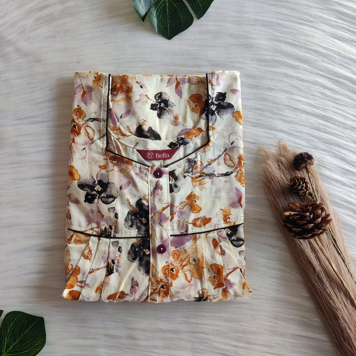 Brown Floral Printed Ivory Premium Cotton Button Zip Nighty | Free Size | Chest Width 44″| Length 55″-56|