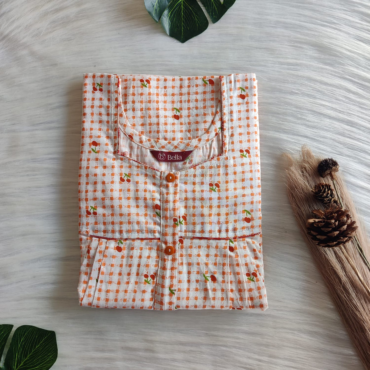 Orange Cherry Printed Premium Cotton Button Zip Nighty | Free Size | Chest Width 44″| Length 55″-56|