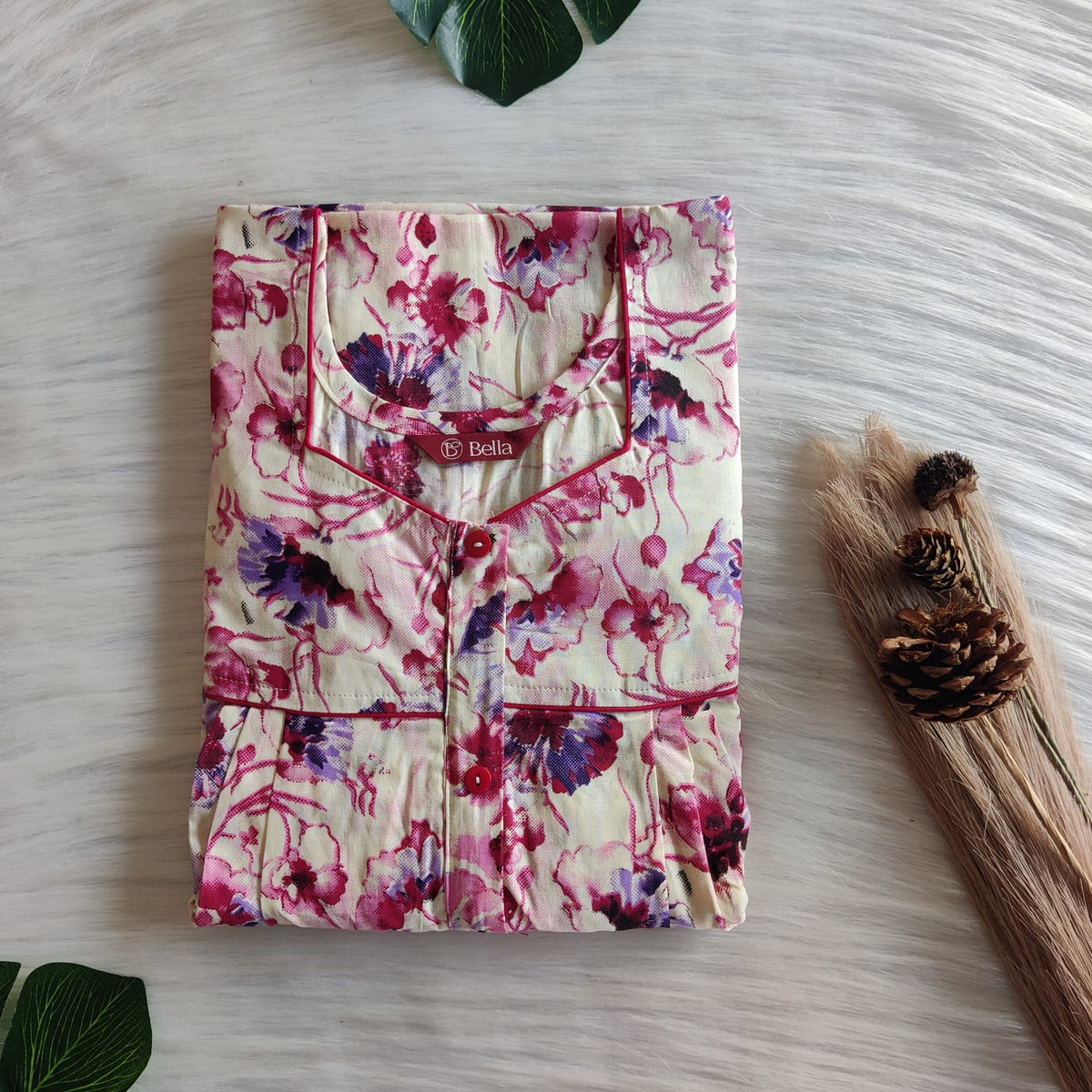 Mauve Floral Printed Ivory Premium Cotton Button Zip Nighty | Free Size | Chest Width 44″| Length 55″-56|