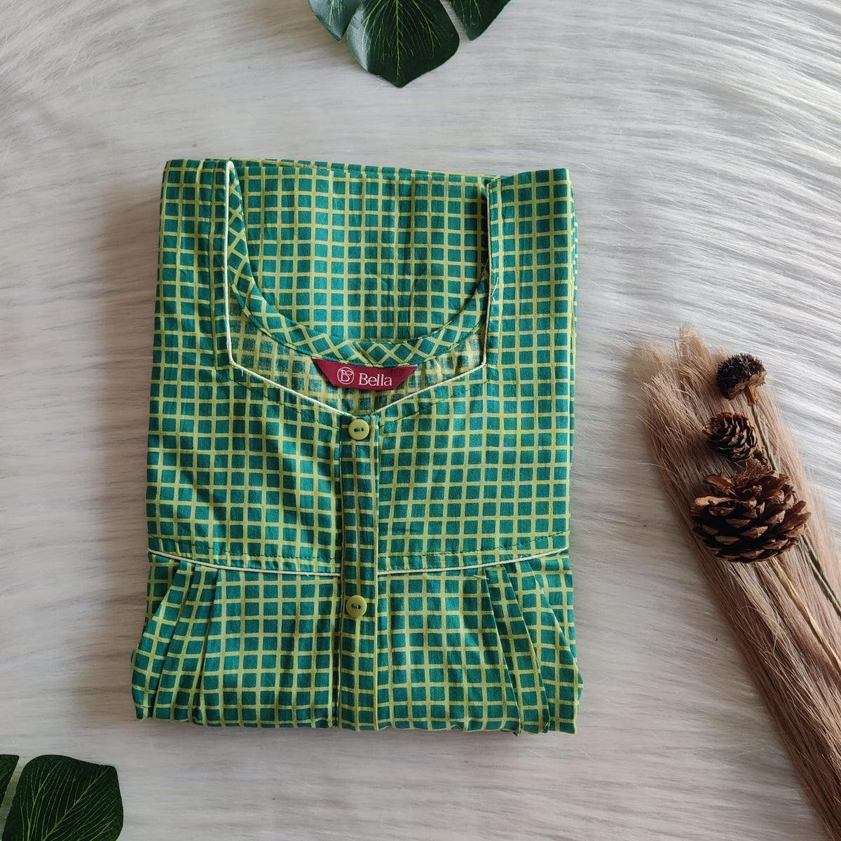 Green Check Printed Premium Cotton Button Zip Nighty | Free Size | Chest Width 44″| Length 55″-56|