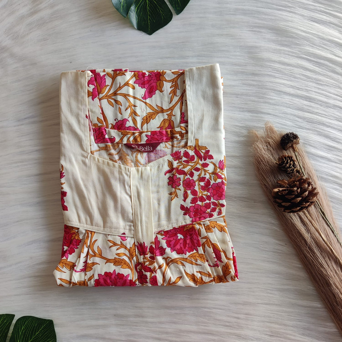 Ivory And Red Floral Printed Premium Cotton Square Neck Pleated Nighty | Free Size | Chest Width 44″| Length 55″-56″