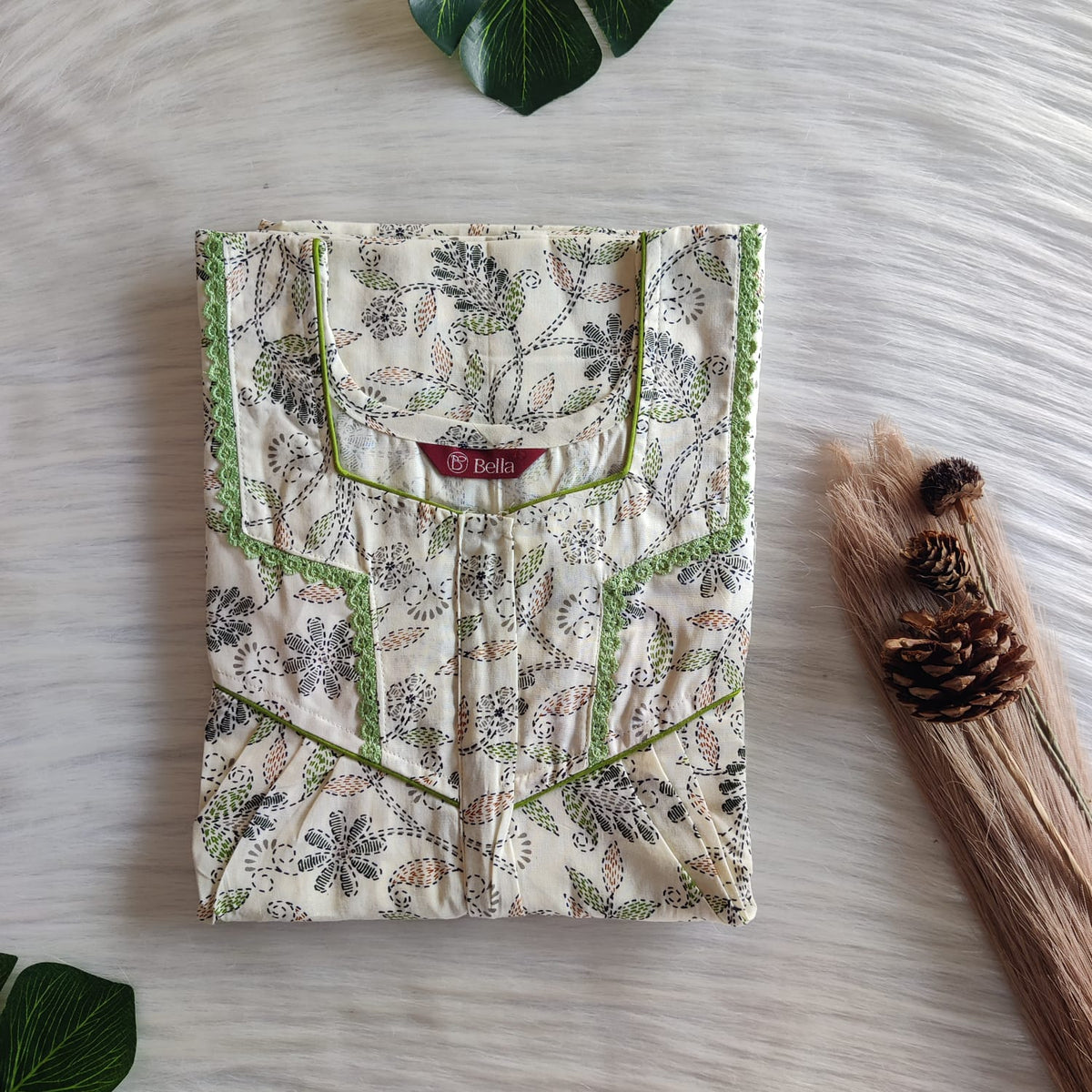 Green Floral Printed Ivory Premium Cotton Long Zip Lace Feeding Nighty | Free Size | Chest Width 44″| Length 56″