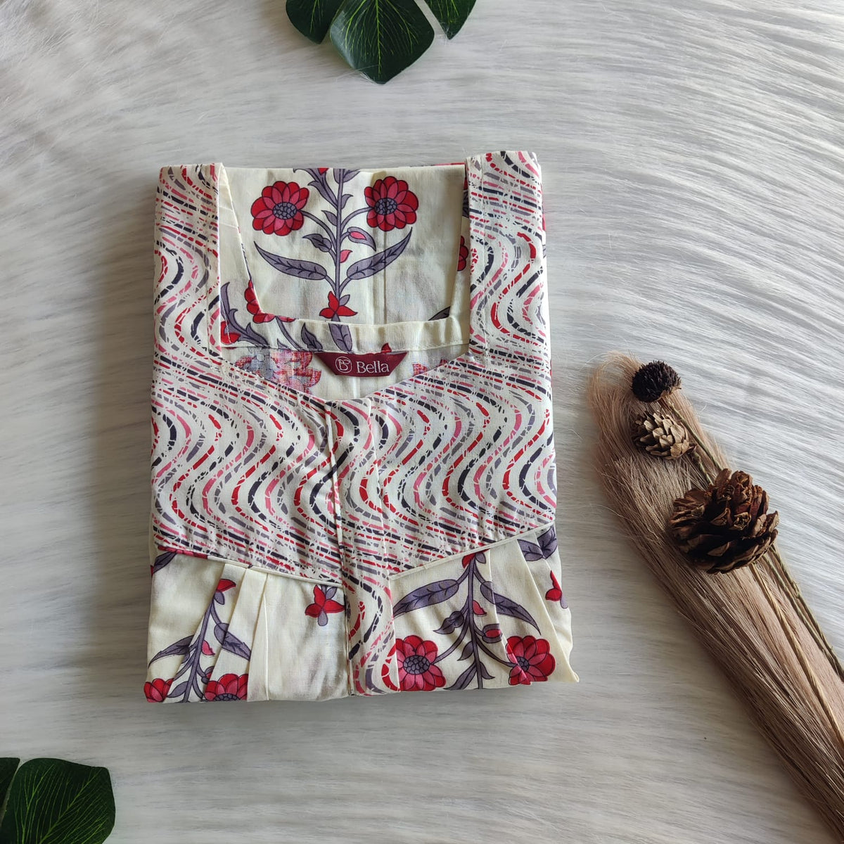 Ivory And Red Floral Printed Premium Cotton Square Neck Pleated Nighty | Free Size | Chest Width 44″| Length 55″-56″
