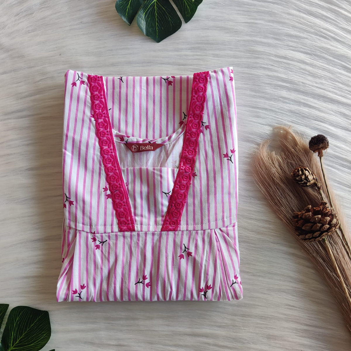 Pink Stripes Printed Premium Cotton Two Side Vertical Lace Zip Feeding Nighty | Free Size | Chest Width 44″| Length 56″