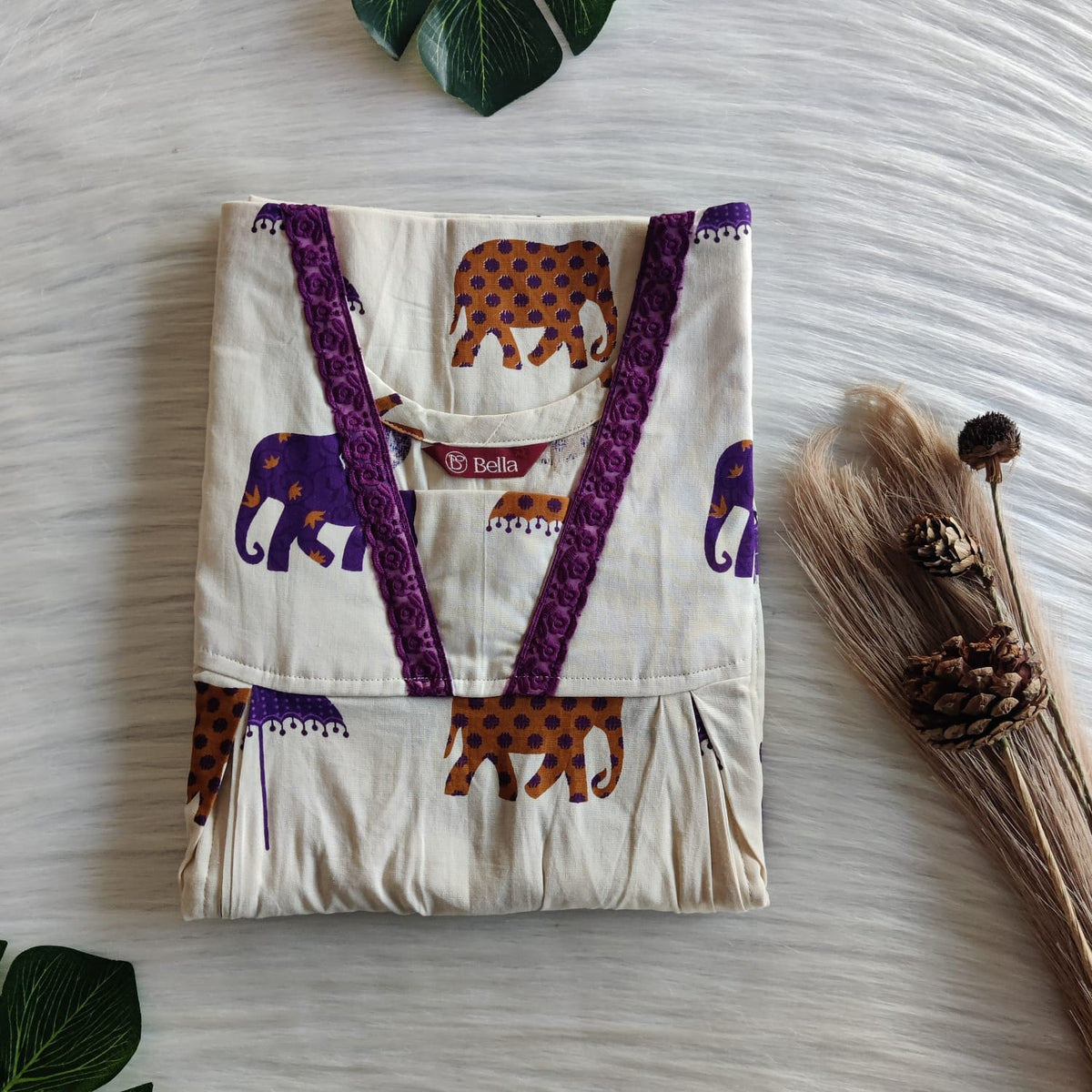 Purple Elephant Printed Ivory Premium Cotton Two Side Vertical Lace Zip Feeding Nighty | Free Size | Chest Width 44″| Length 56″