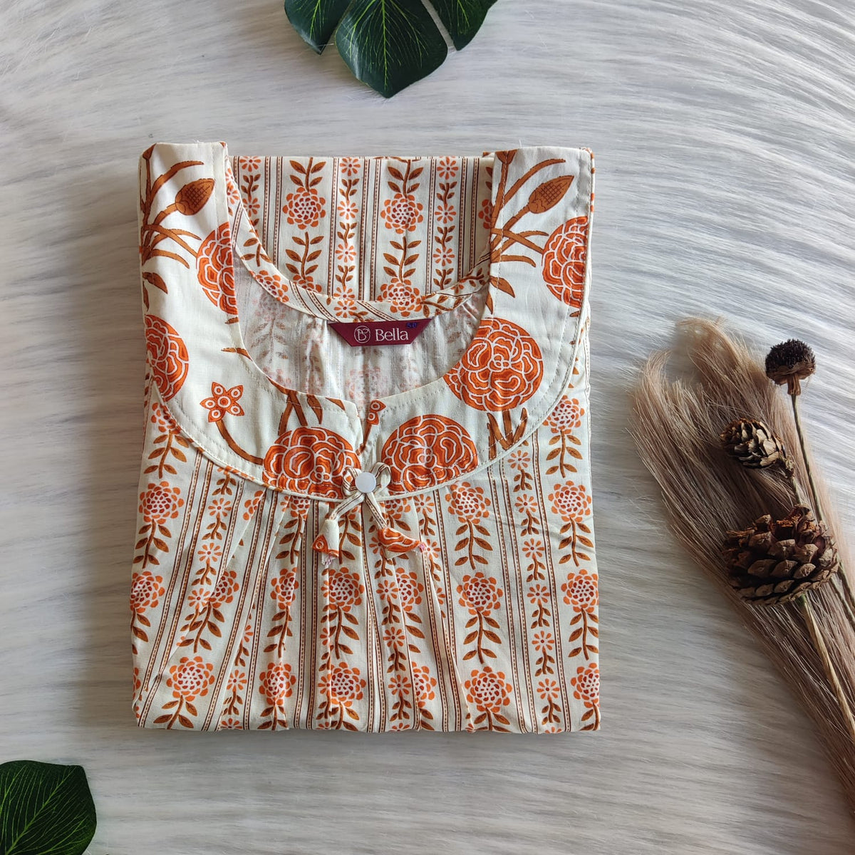 Orange And Ivory Printed Premium Cotton No Zip Pleated Nighty | Free Size | Chest Width 44″| Length 55″-56″