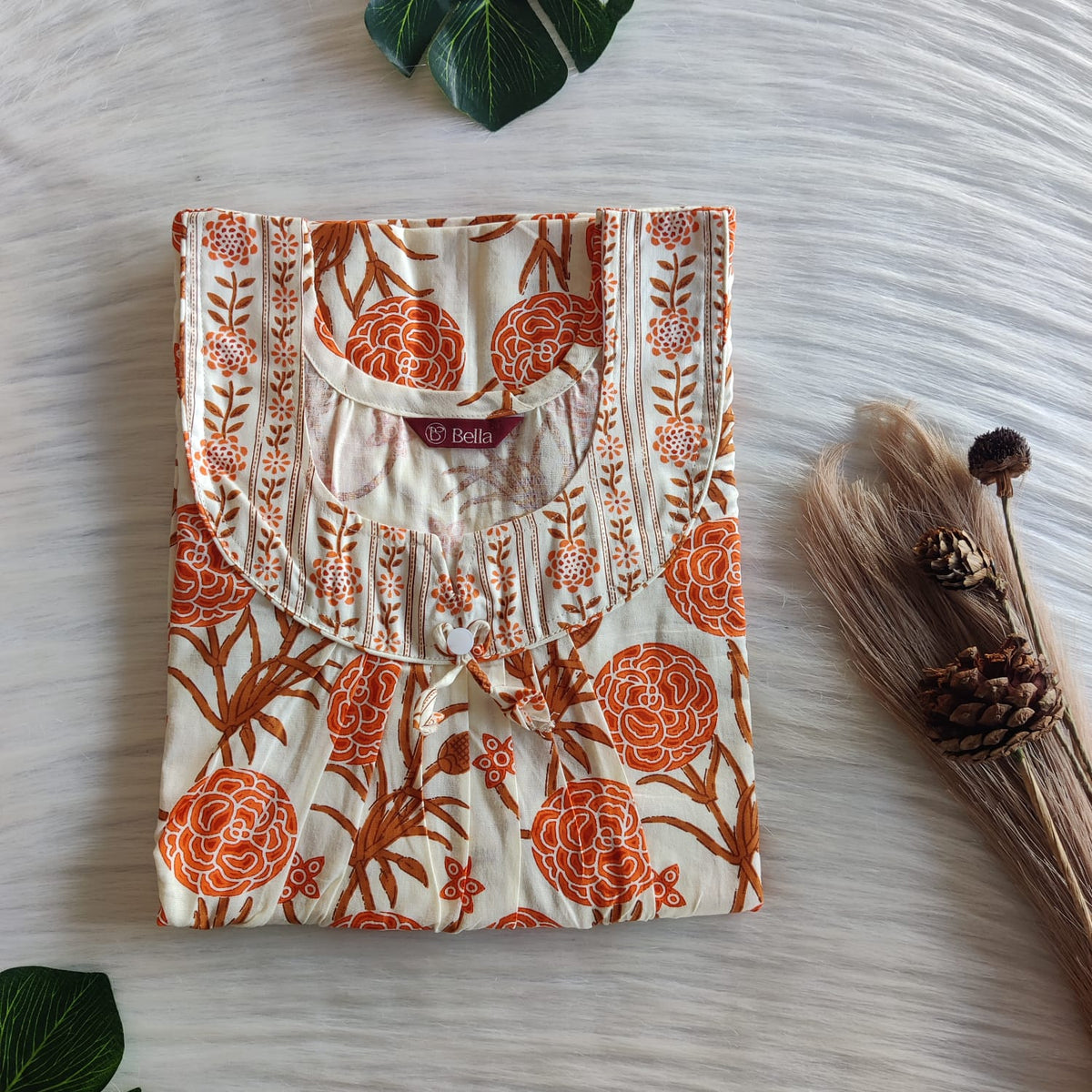 Ivory And Orange Floral Printed Premium Cotton No Zip Pleated Nighty | Free Size | Chest Width 44″| Length 55″-56″