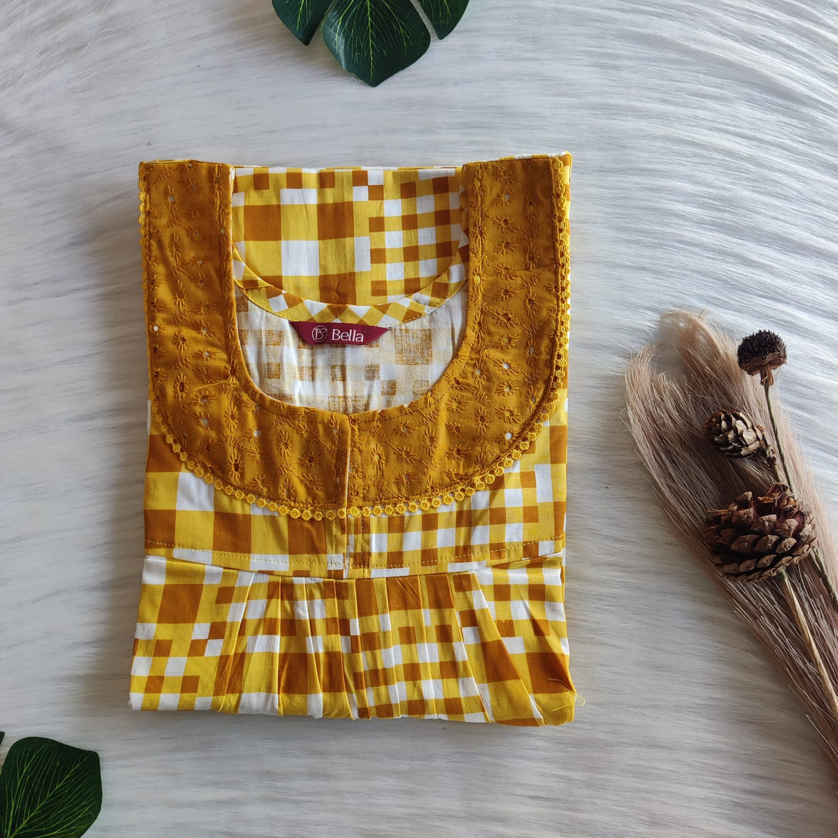 Yellow Check Printed Premium Cotton Hakoba Lace Nighty | Free Size | Chest Width 44″| Length 54″-56″