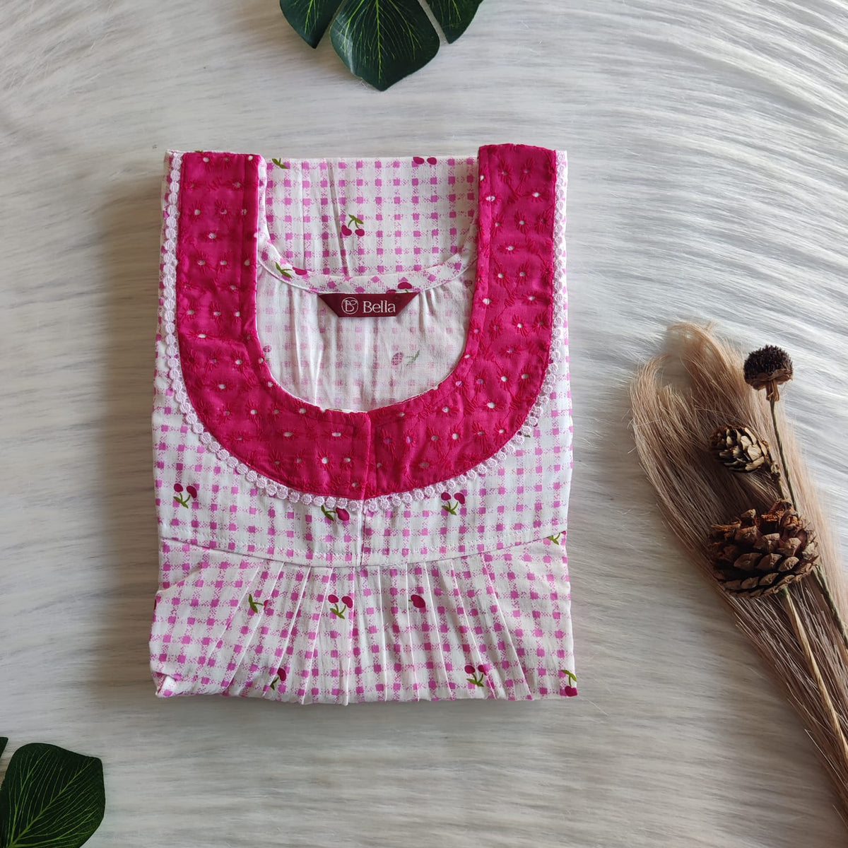 Pink Cherry Printed Premium Cotton Hakoba Lace Nighty | Free Size | Chest Width 44″| Length 54″-56″