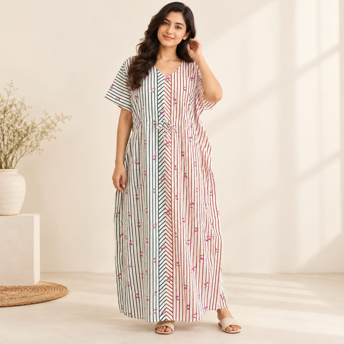Green And Brown Stripes Printed Premium Cotton Feeding Kaftan | Free Size | Chest Width 44″| Length 56″