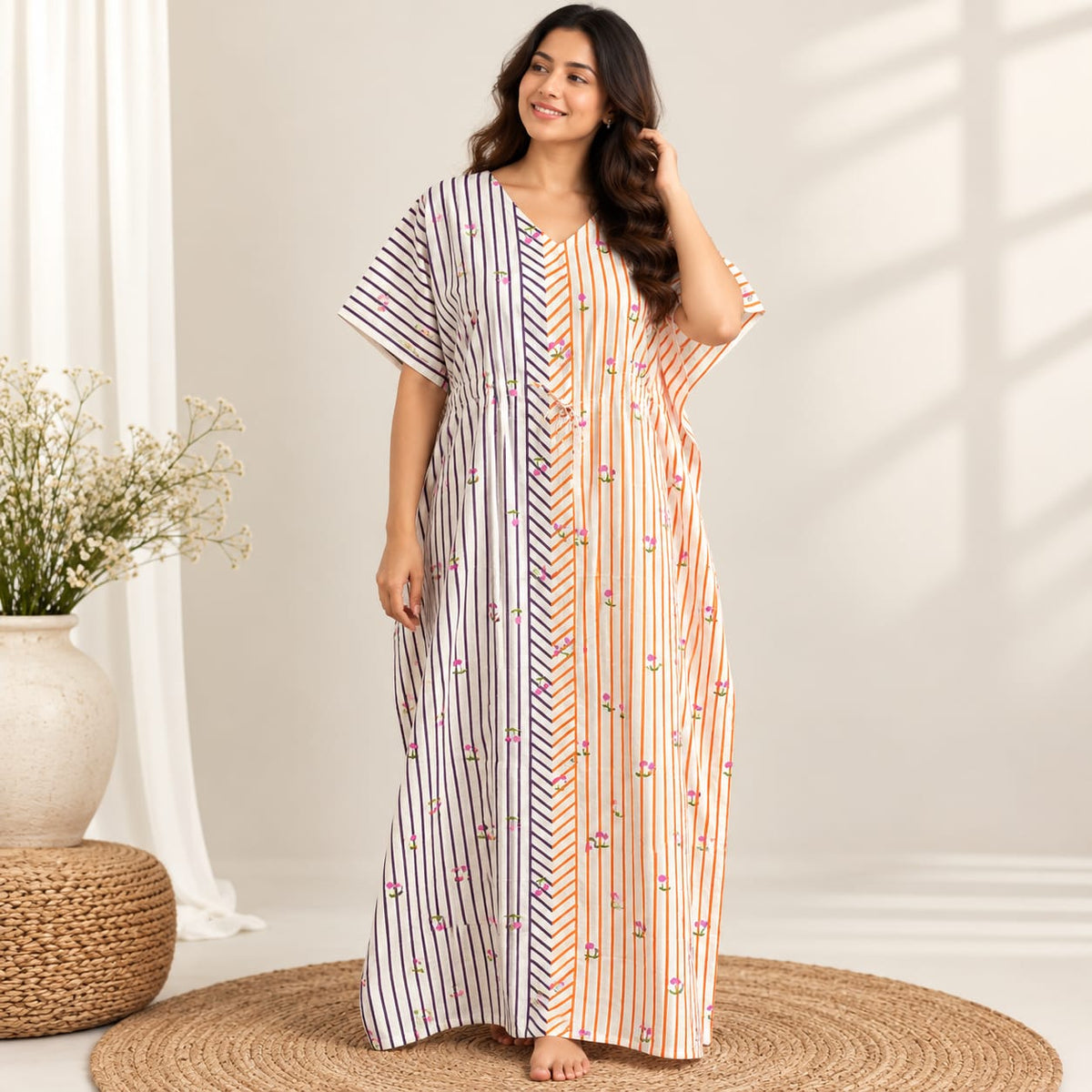 Purple And Orange Stripes Printed Premium Cotton Feeding Kaftan | Free Size | Chest Width 44″| Length 56″