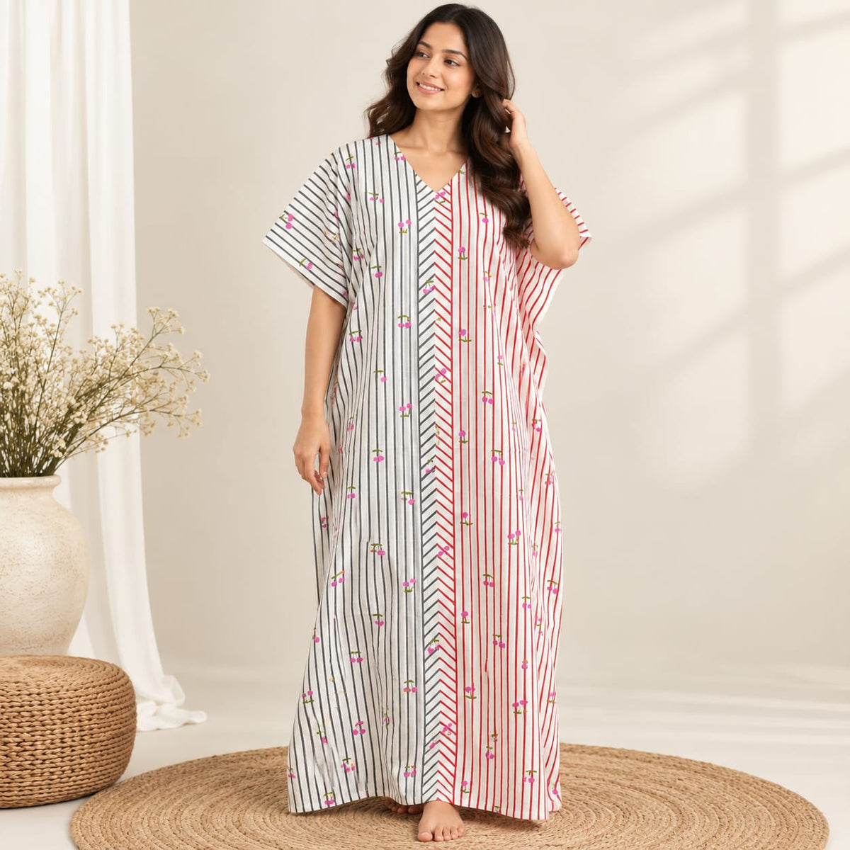 Grey And Red Stripes Printed Premium Cotton Feeding Kaftan | Free Size | Chest Width 44″| Length 56″
