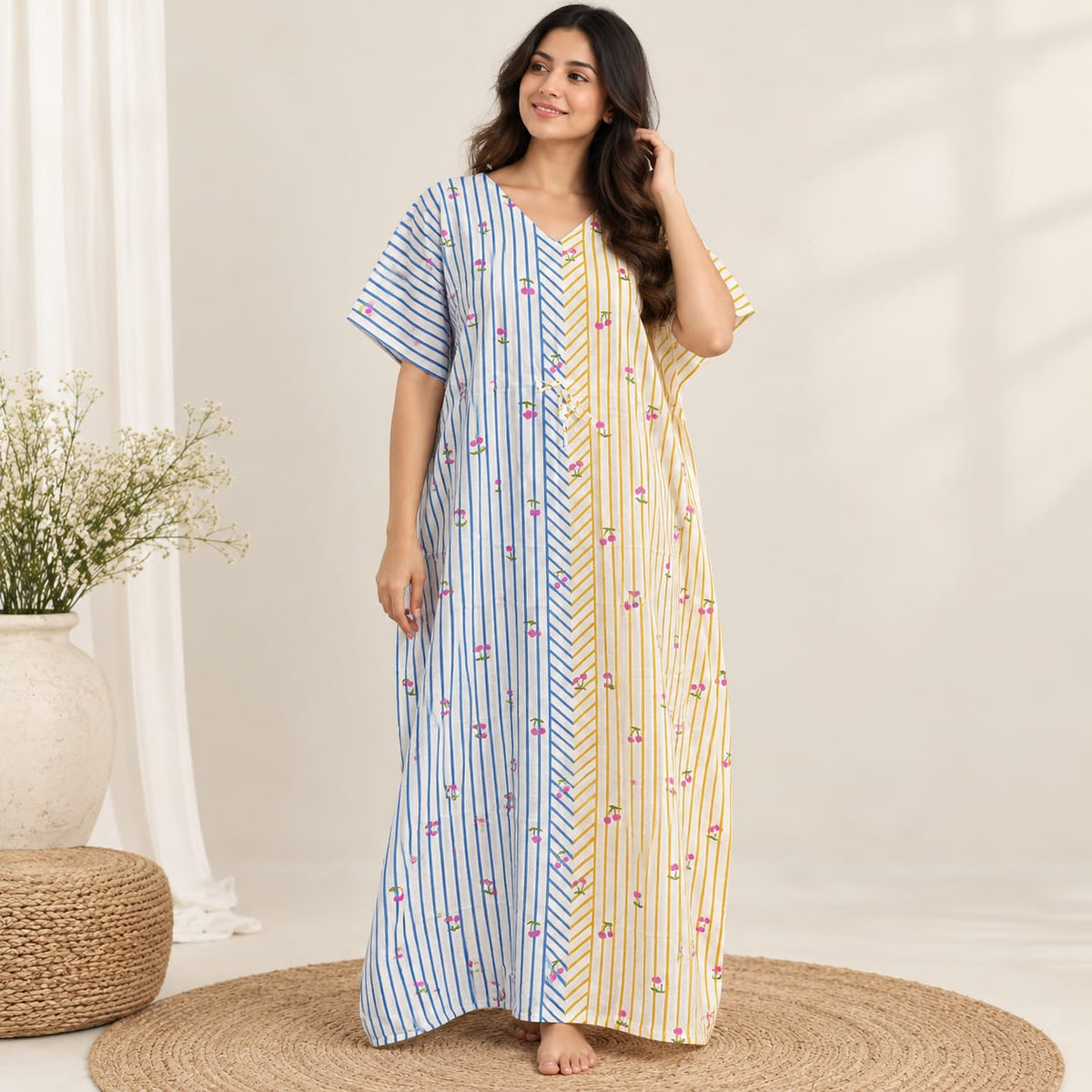 Blue And Yellow Stripes Printed Premium Cotton Feeding Kaftan | Free Size | Chest Width 44″| Length 56″