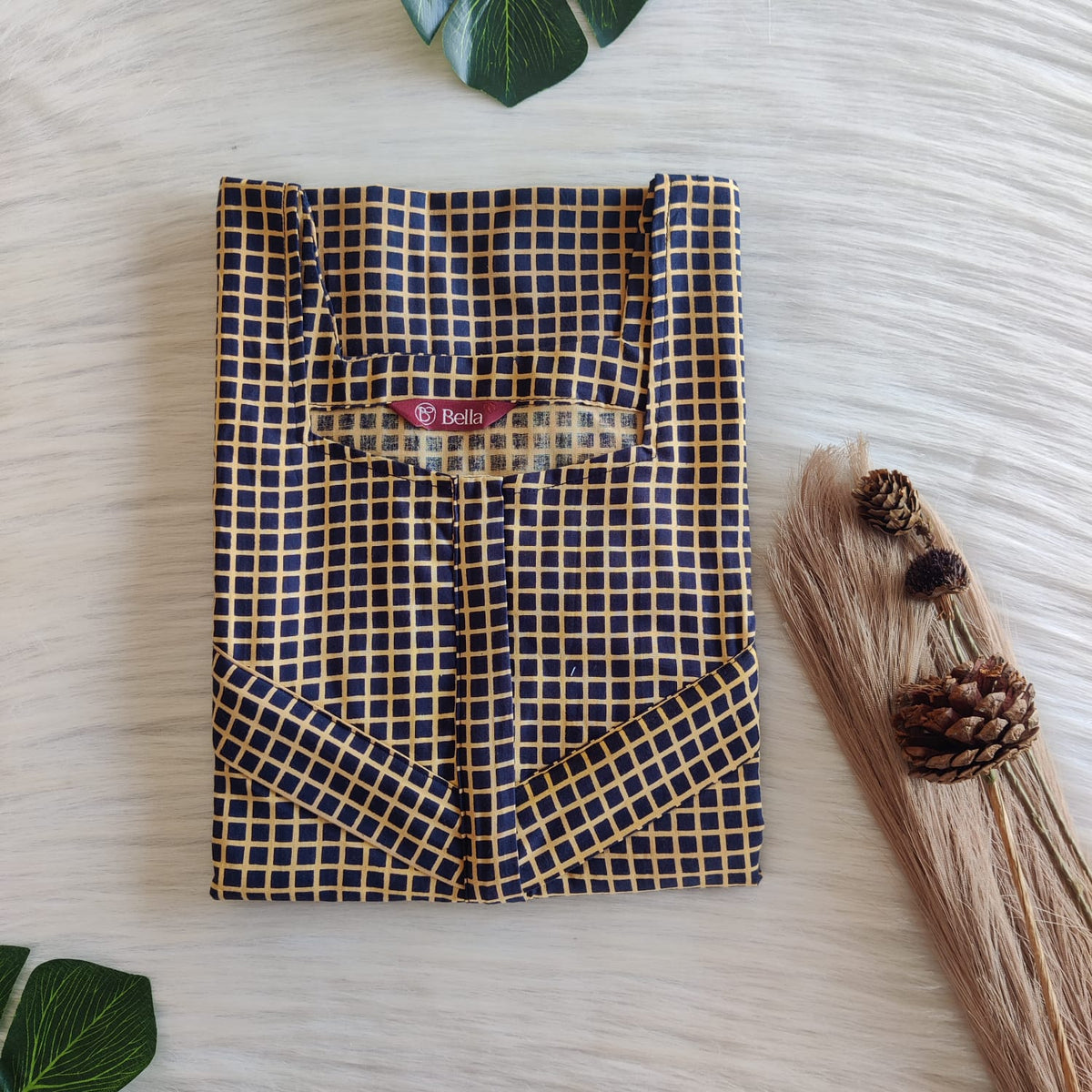 Navy Blue Check Printed Premium Cotton Horizontal Zip Feeding Nighty | Free Size | Chest Width 44″| Length 54″-56″|