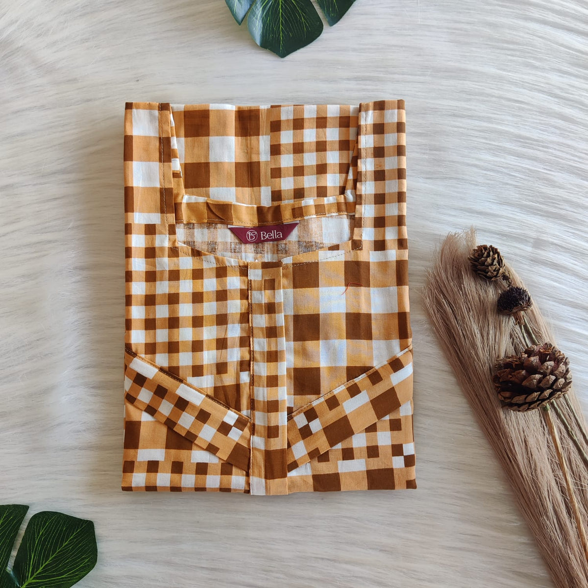 Brown Check Printed Premium Cotton Horizontal Zip Feeding Nighty | Free Size | Chest Width 44″| Length 54″-56″|
