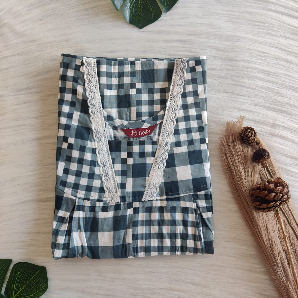 Grey Check Printed Premium Cotton Two Side Vertical Lace Zip Feeding Nighty | Free Size | Chest Width 44″| Length 56″