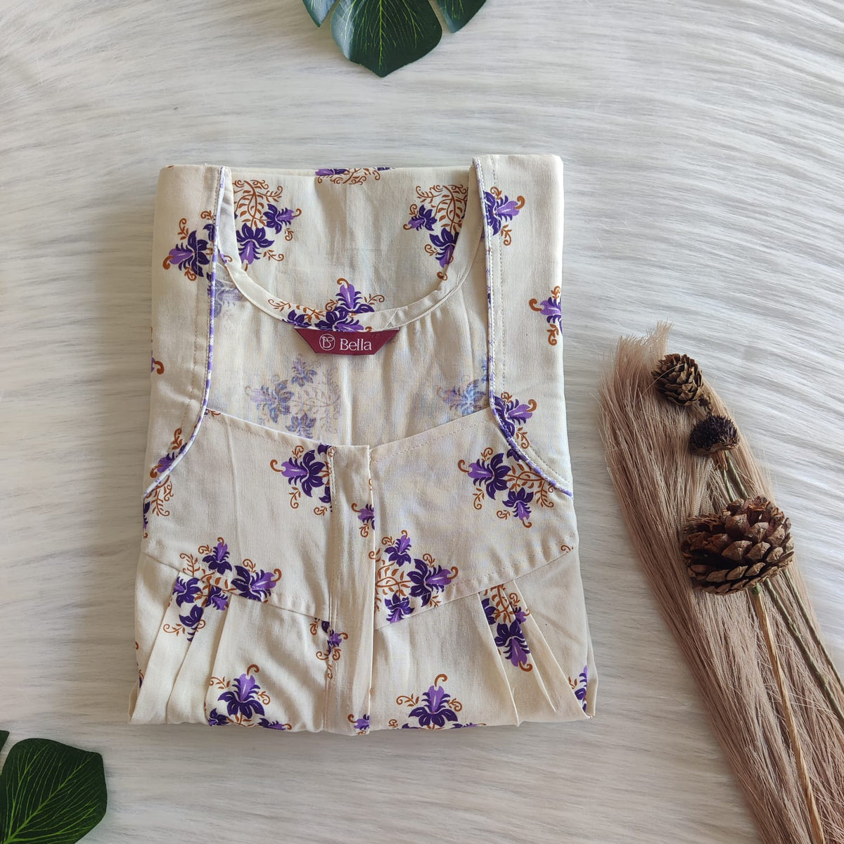 Purple Floral Printed Beige Premium Cotton Pleated Zip Nighty | Free Size | Chest Width 44″| Length 54″-55″