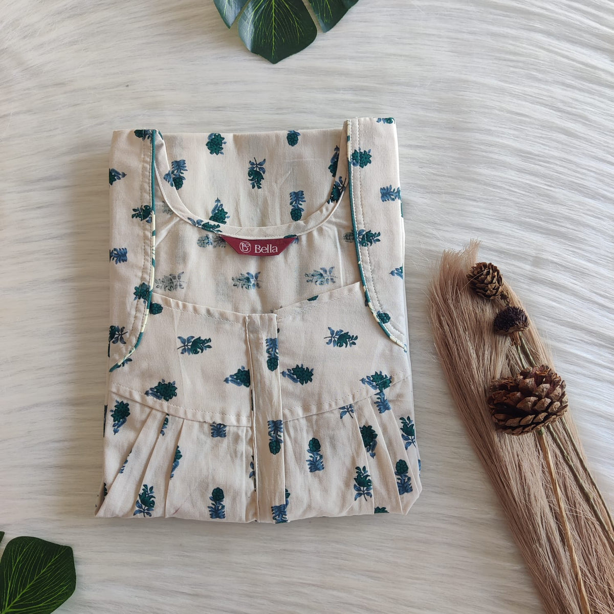 Green Floral Printed Beige Premium Cotton Pleated Zip Nighty | Free Size | Chest Width 44″| Length 54″-55″