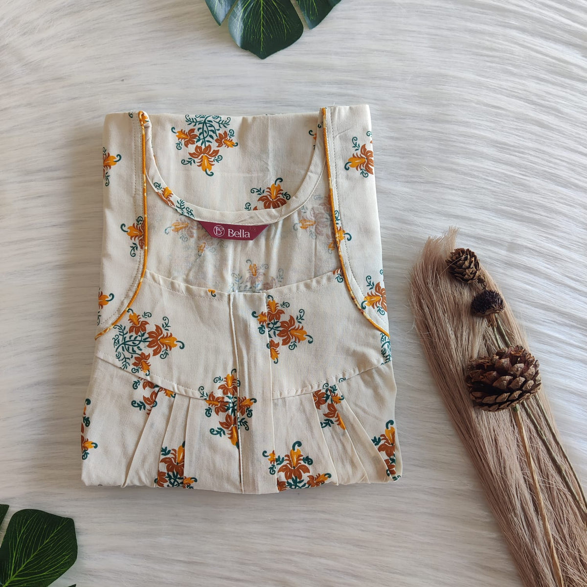 Brown Floral Printed Beige Premium Cotton Pleated Zip Nighty | Free Size | Chest Width 44″| Length 54″-55″